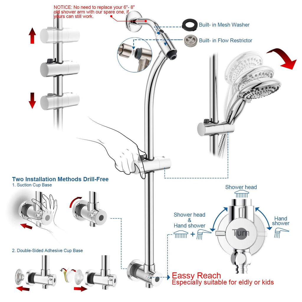 Handheld Showerhead & Rain Shower Combo for Easy Reach, 27.5" Drill-free Stainless Steel Slide Bar, 5"of 5-setting