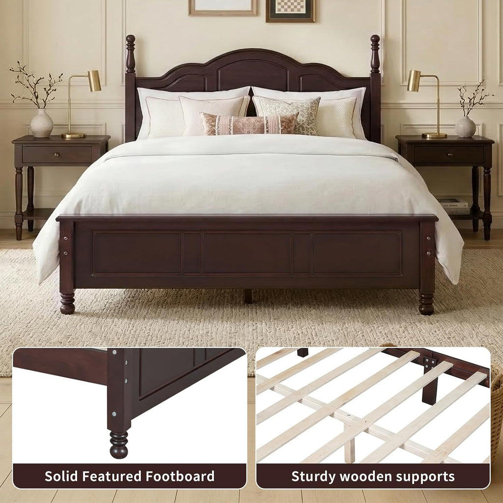 Vintage Queen Wood Bed Frame, Traditional Solid Wood Platform Bed with Retro Style Headboard, Traditional Town Style