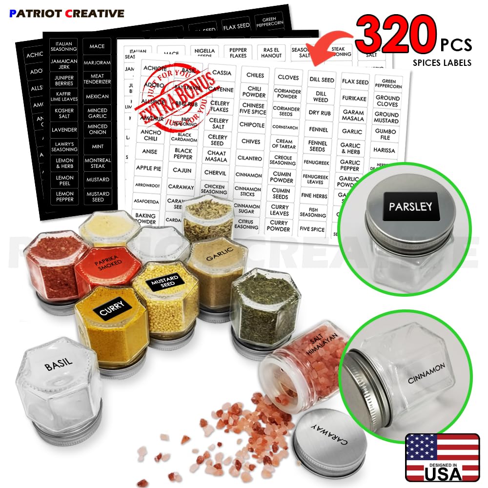Set of 25 Hexagon Glass Spice Jars with Shaker Lids and Labels for Refrigerator, Kitchen, RV Travel Trailer Magnetic