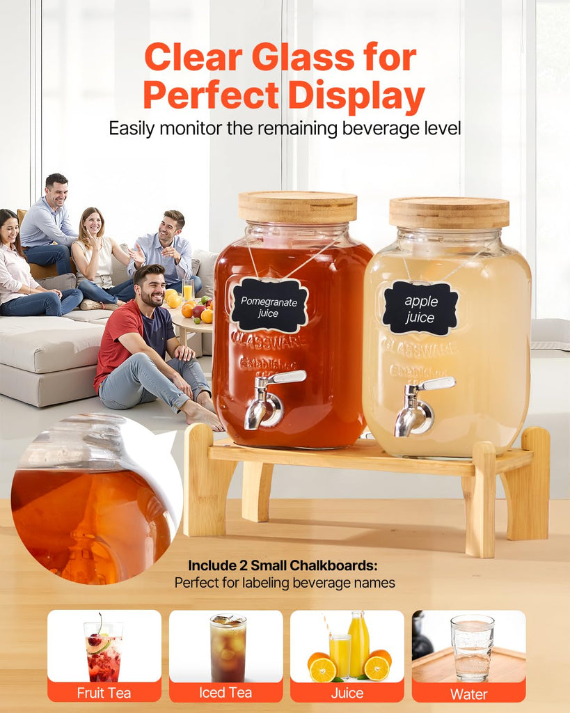 Beverage Dispenser, 2 Pack 1 Gallon Drink Dispensers for Parties, Glass Juice Dispenser with Wood Stand, Stainless