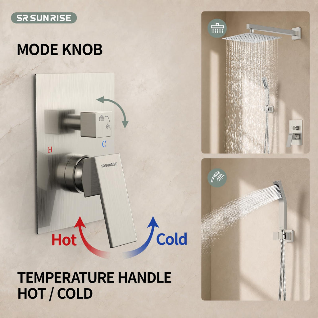 Shower Faucet Set 10-Inch Rainfall Shower Head Brushed Nickel