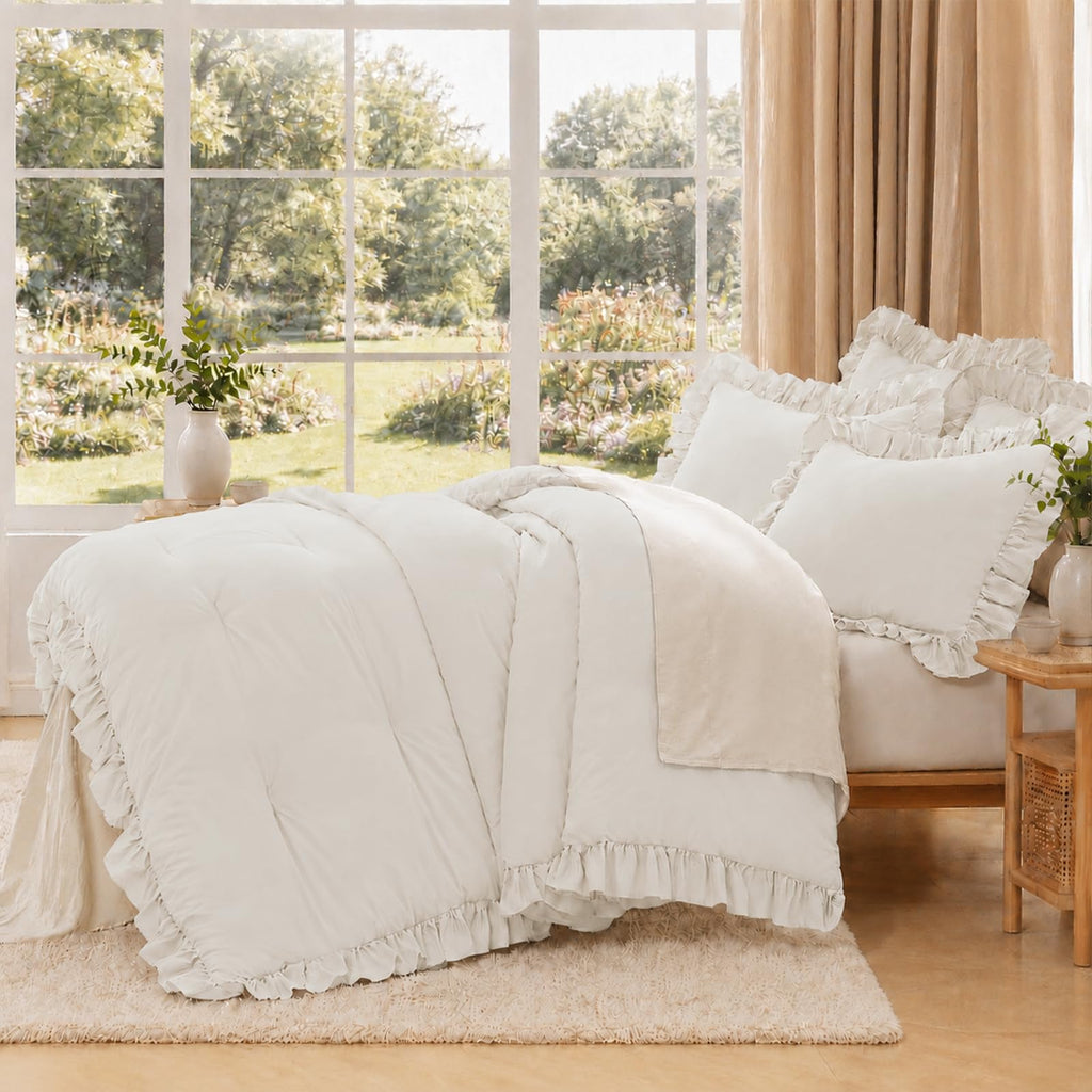 Comforter Set 3 Pieces Beige Ruffle Bedding Set