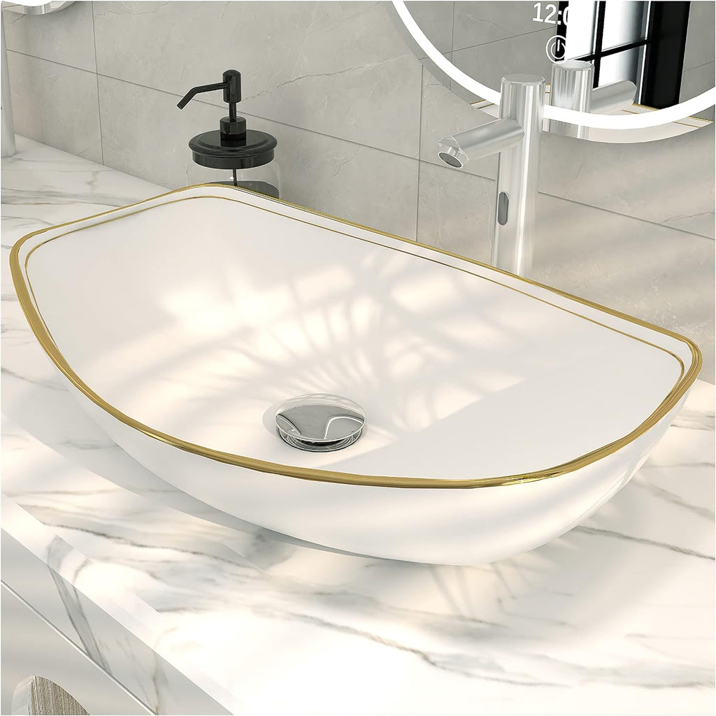 MEJE 22 X 16 inch LUXURY GOLD rim Oval Vessel, Above Counter Bathroom Sink, Porcelain Ceramic Vessel Vanity Sink