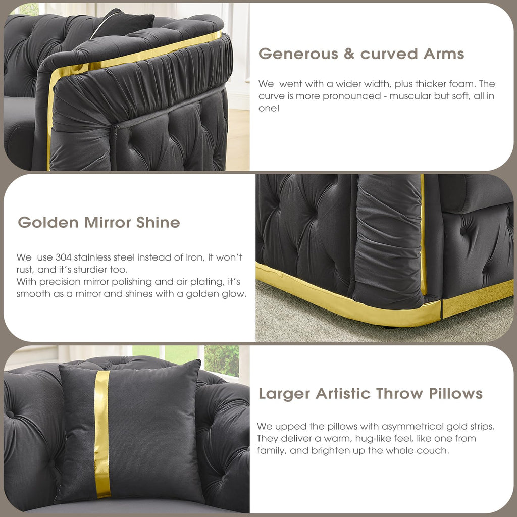 2 Piece Luxury Chesterfield Sofa Set, Tufted Grey and Gold Couch and Loveseat Sets with Golden Decor & 4 Pillows, Mid
