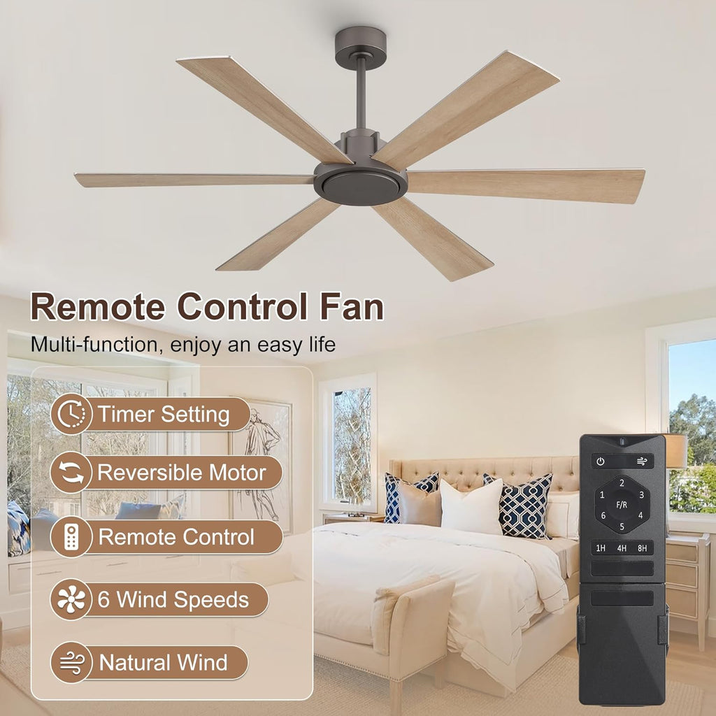 60 Inch Ceiling Fan without Light - 6 Plywood Blades, 6-Speed Reversible DC Motor