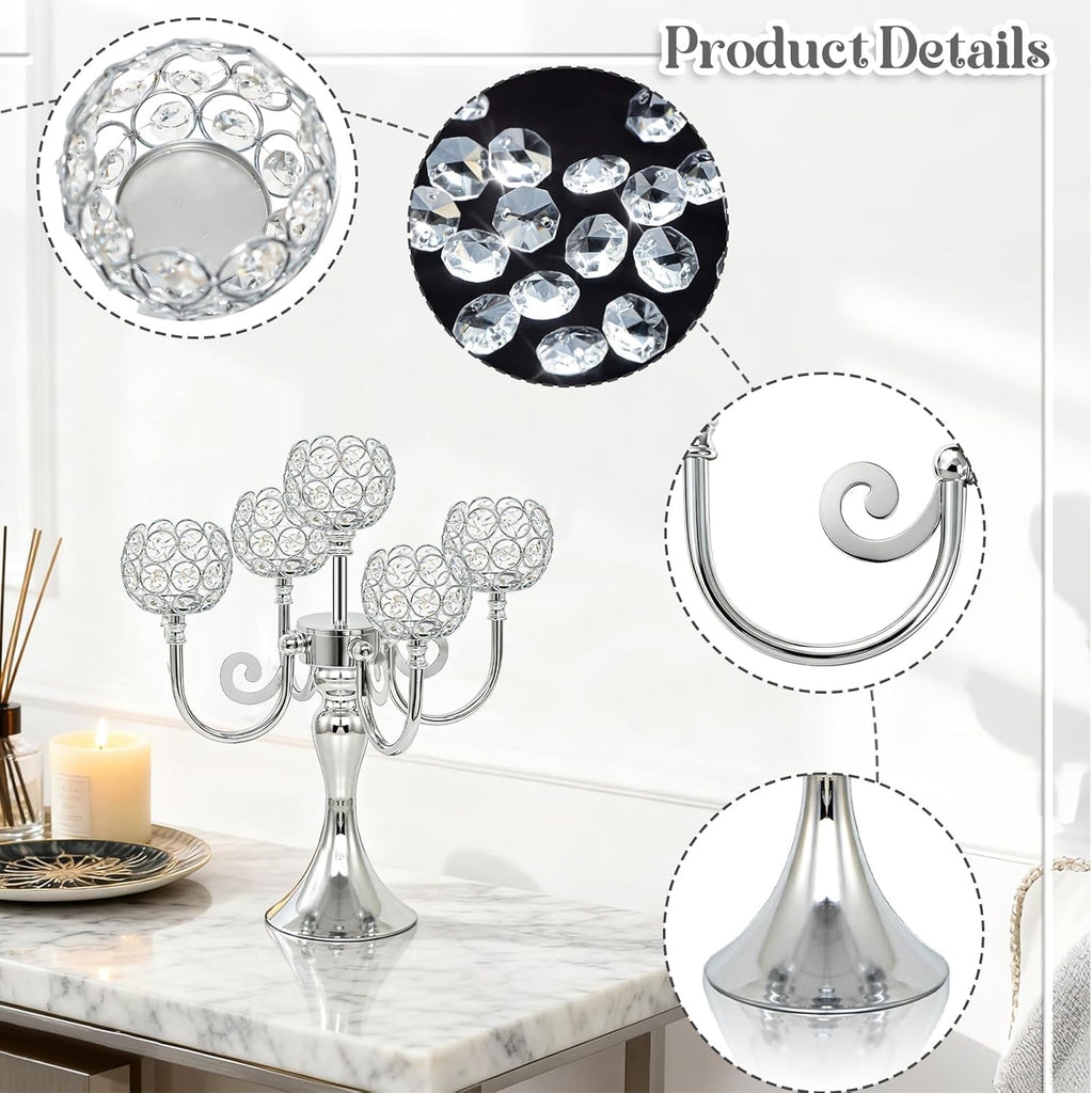 5 Arm Metal Crystal Candelabra Centerpiece - 13.4 Inch Elegant Candle Holder with Crystal Beadsable Decoration (4
