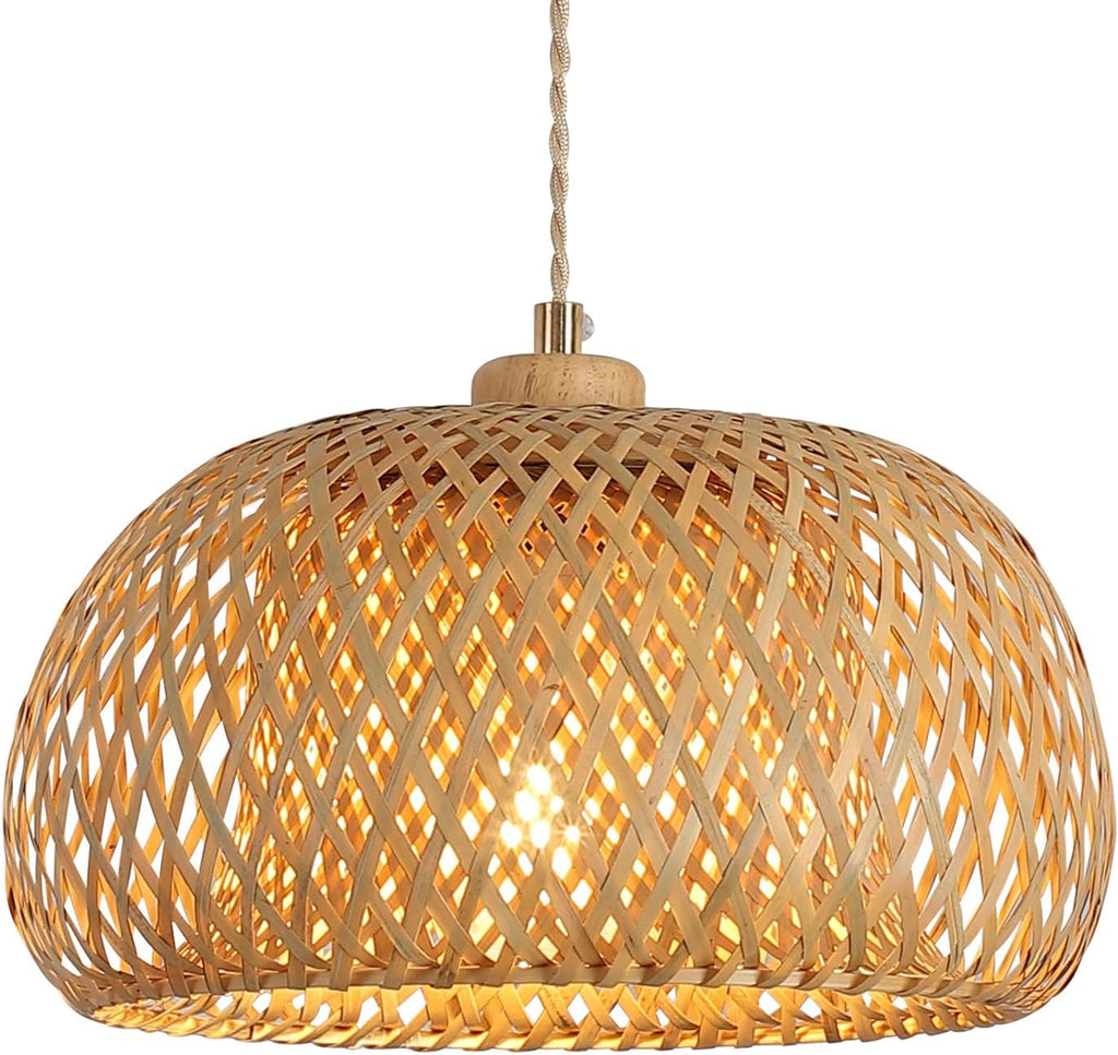 Bamboo Pendant Light Fixture One-Light Adjustable Boho Basket Handmade Woven Pendant Lighting for Kitchen Island Sink