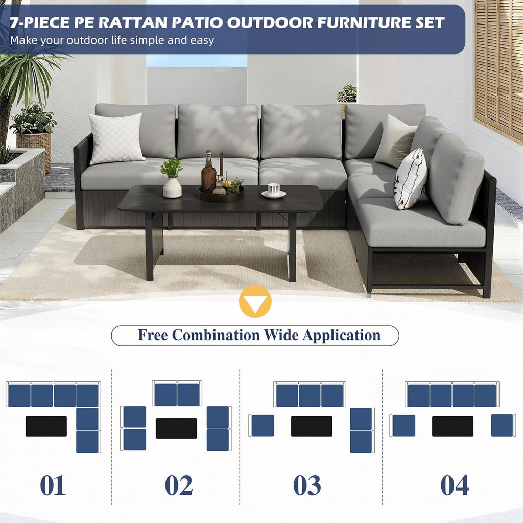 7 Pieces Patio Furniture Set, Modern Sectional Sofa, All Weather Outdoor Conversation Set with Cushions & Table, Gray