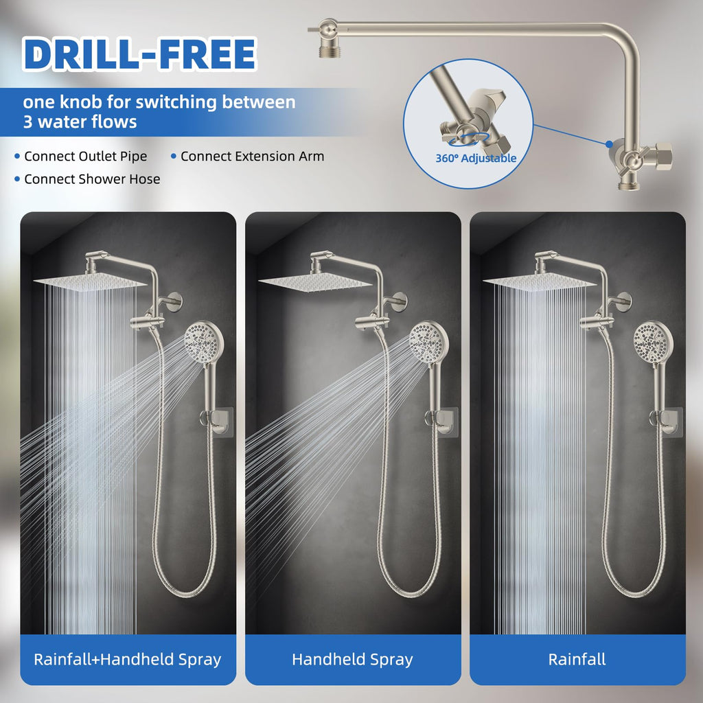 10" Metal Rainfall Shower Head with 10-Mode Handheld, Brushed Nickel