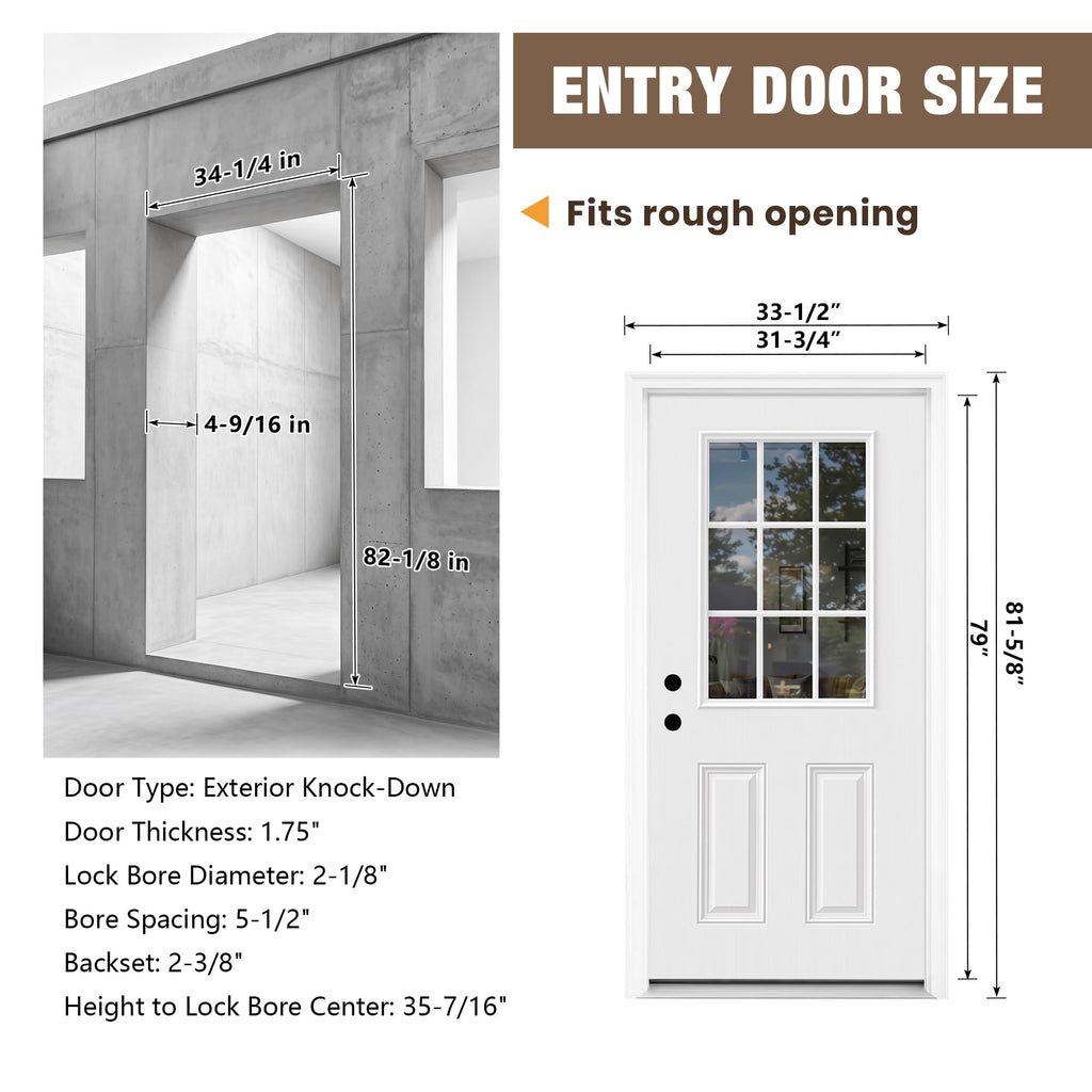 32" x 80" White 9-Lite Fiberglass Entry Door, Right-Hand Inswing