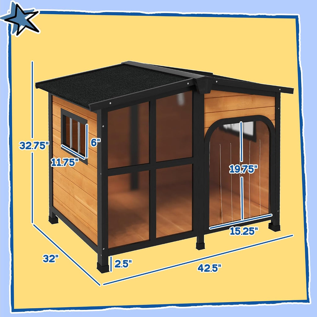 Outside Cabin-Style Wooden Dog House for Large Dogs - Yellow
