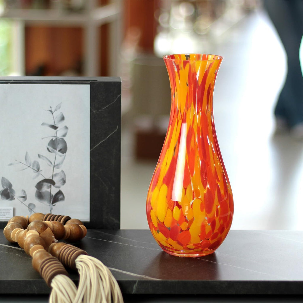 Murano Style Art Glass Vase Hand Blown Orange Confetti Effect Home Decor | Hand Blown Glass Vase, Decorative Table