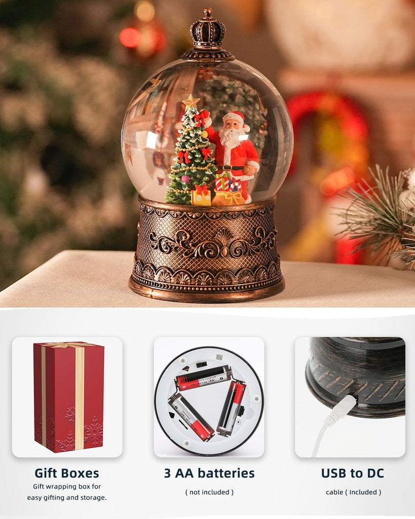 Snow Globe Christmas with Santa Claus, Lighted Christmas Snow Globes with Timer, Swirling Musical Glittering