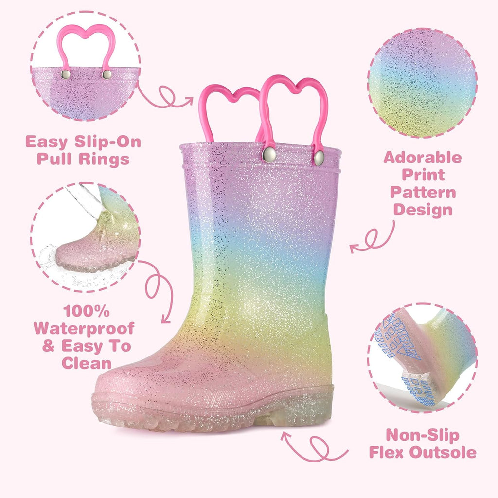 Kids Light-Up Rain Boots Waterproof Shoes with Easy-On Handles