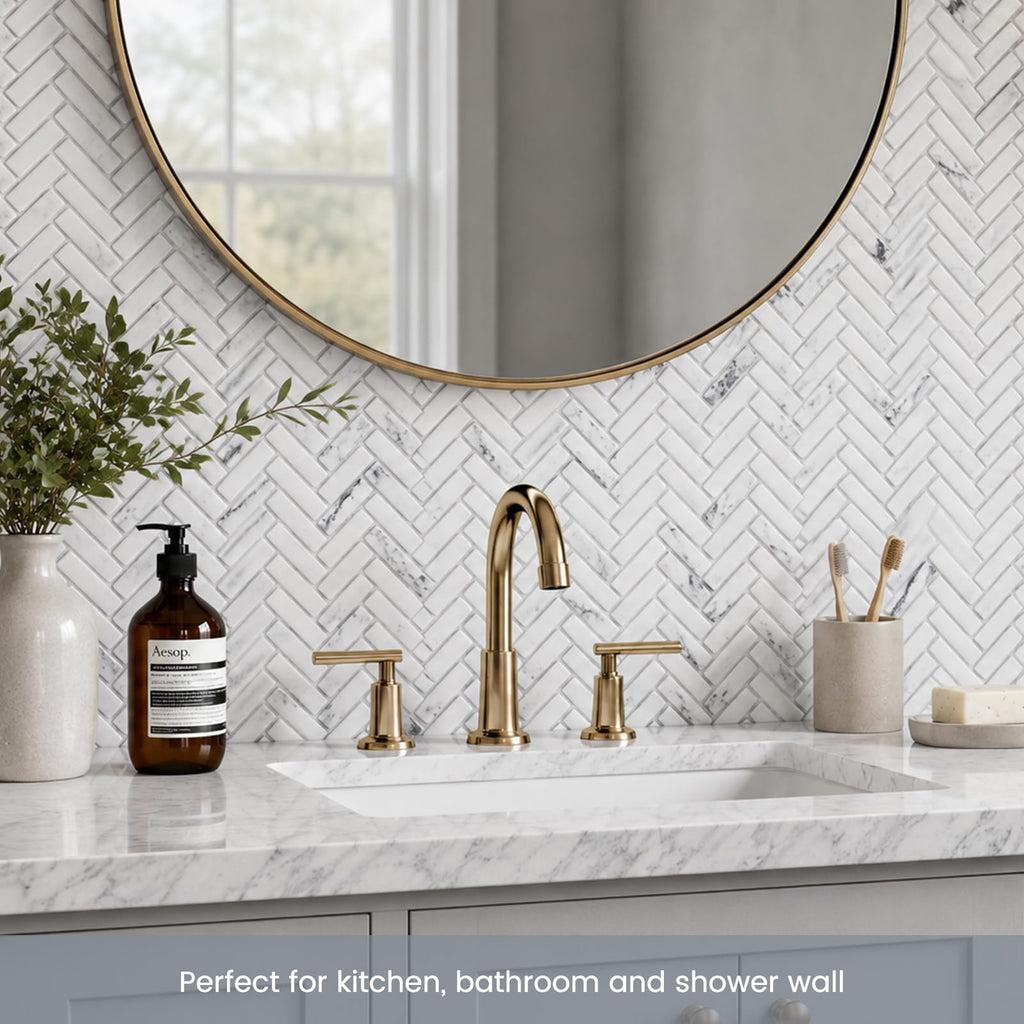 Carrara Herringbone Marble Look Recycled Glass Mosaic Backsplash