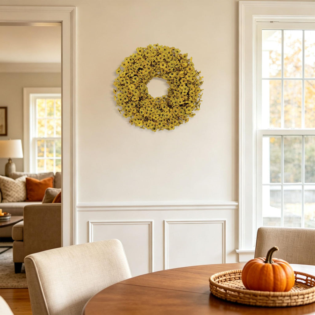 20" Yellow Fall Wreath for Front Door, Artificial Mums Autumn Wreath