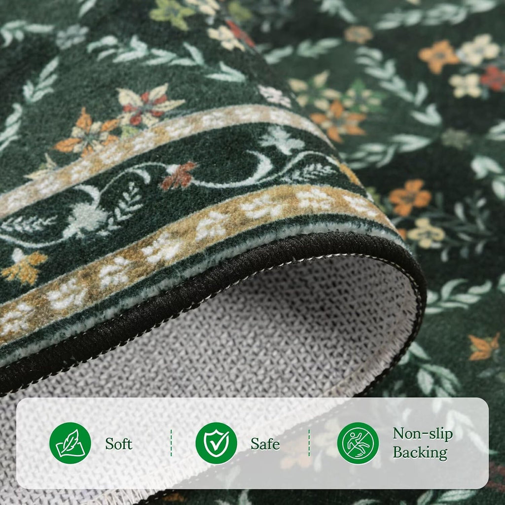 Green Floral Rugs 8x10 Area Rugs, Non Slip Stain Resistance Washable Vintage Large Area Rug, Low Pile Checkered