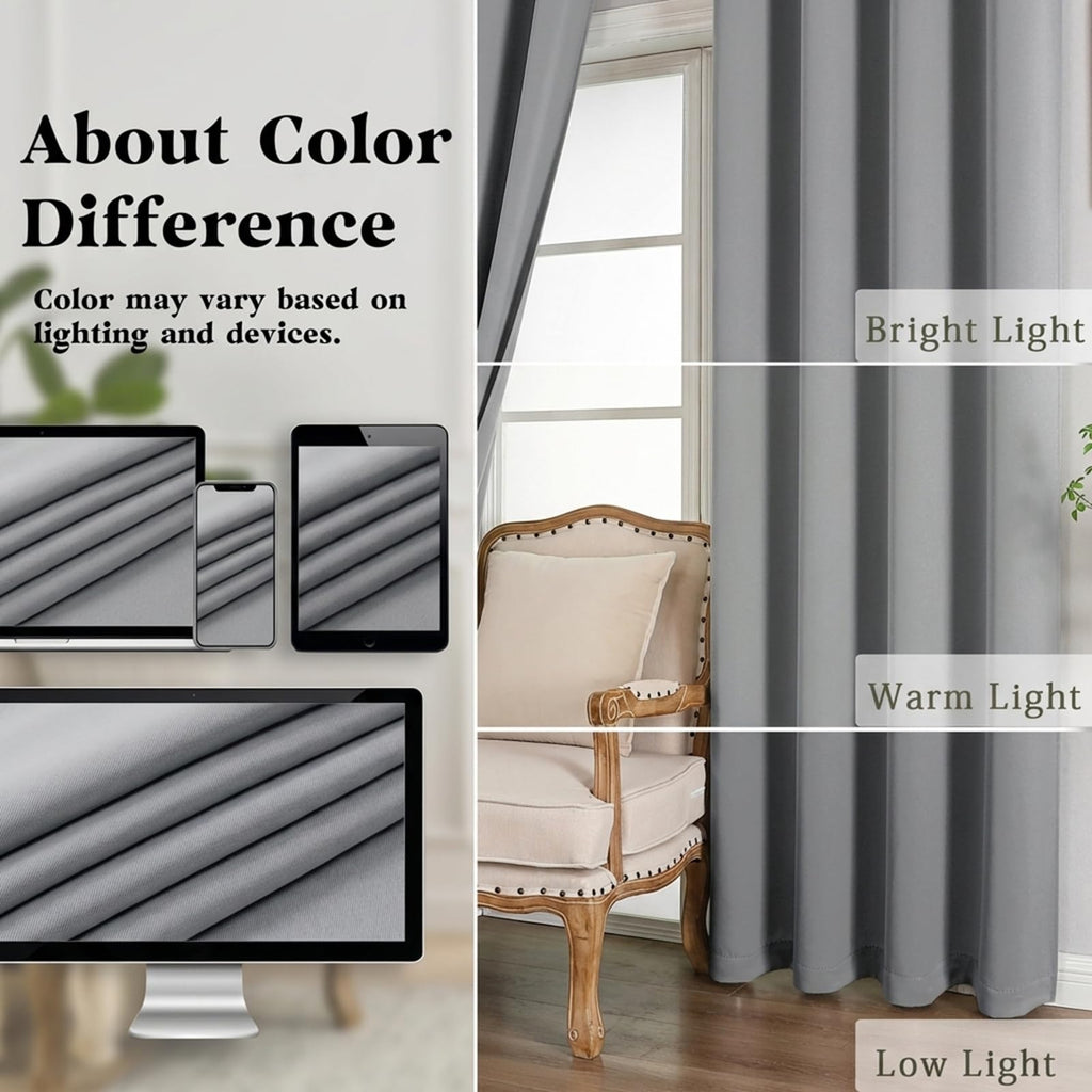 Silver Grey Curtains Living Room 90 Inches Long 2 Panels Set, Room Darkening Thermal Insulated Curtains & Drapes