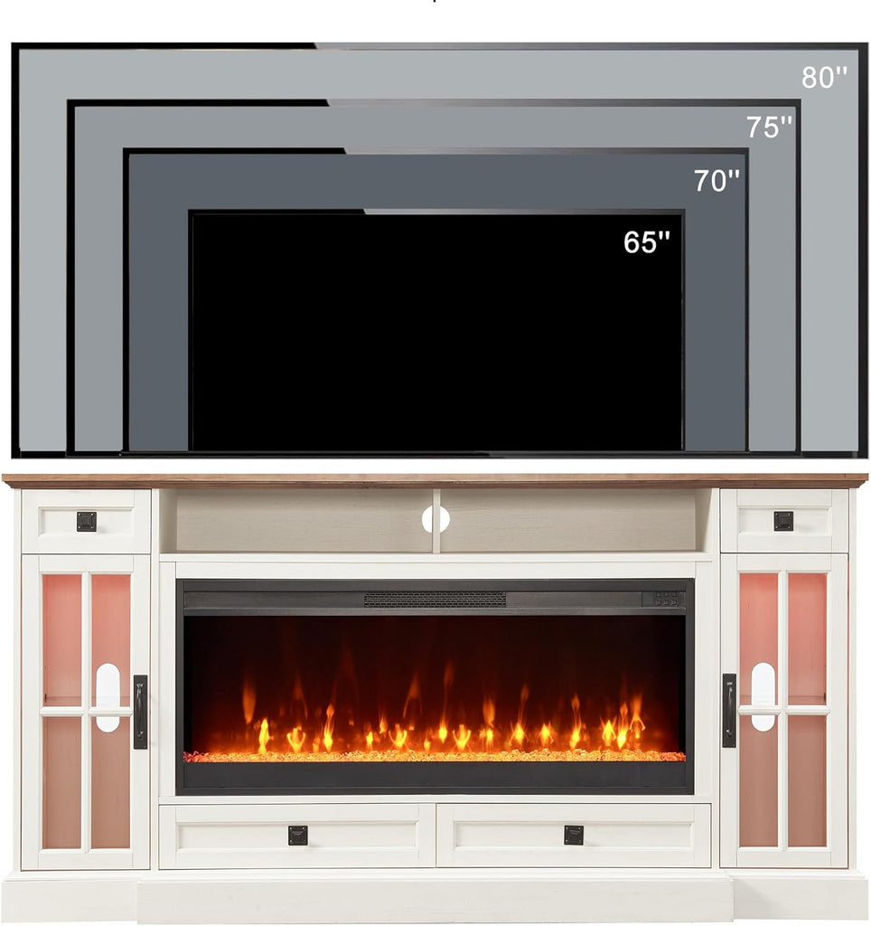 Fireplace TV Stand for 80 Inch TV, Farmhouse Entertainment Center with 42" Fireplace & LED Lights, Modern Media