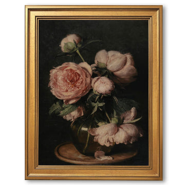Gold Framed Vintage Floral Still Life Painting Moody Pink Peony Wall Art Canvas Print Dark Academia Flower Peonies