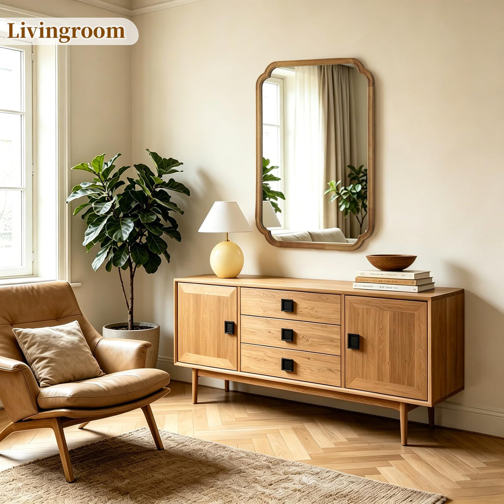 Wood Bathroom Mirror for Wall Decor Arched Rounded Corner Rustic Wood Frame Wall Mirror Home Decorative for Vanity