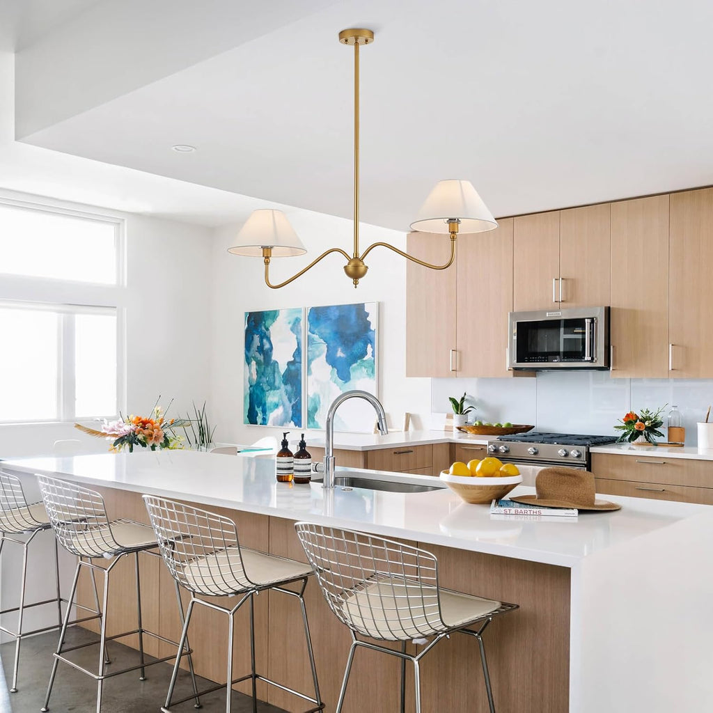 Modern Gold Linear Chandelier for Kitchen Island, 2-Light Linear Light Fixture with Off-White Fabric Shade, Rustic
