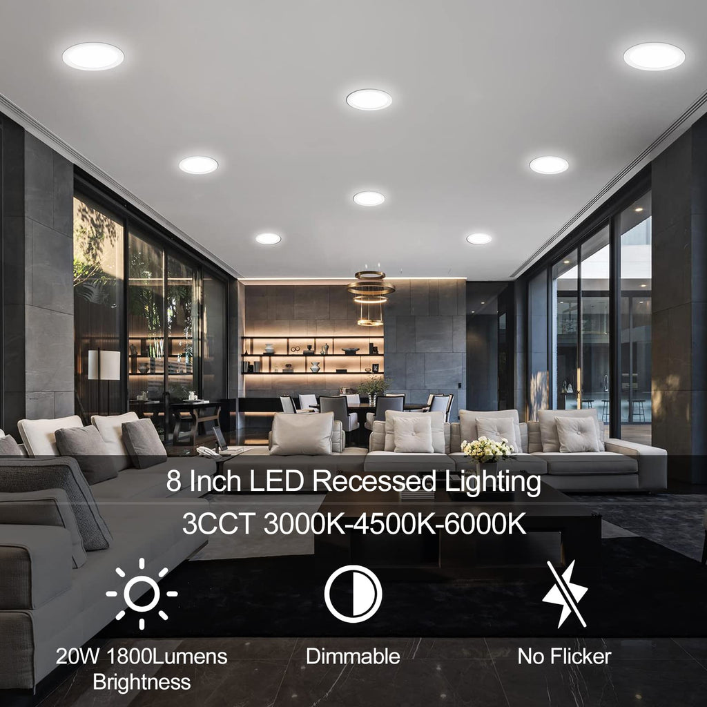 12 Pack 8 Inch LED Recessed Lighting with Junction Box Ultra-Thin, 3000K/4500K/6000K Selectable, 8" Dimmable Canless