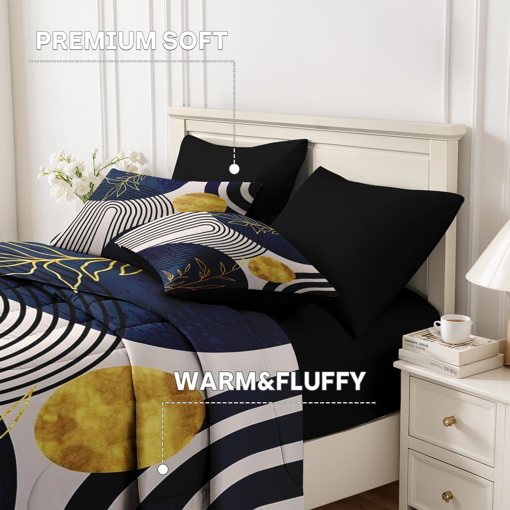 King Comforter Set with Sheets, 7 Pieces Abstract Boho Bedding