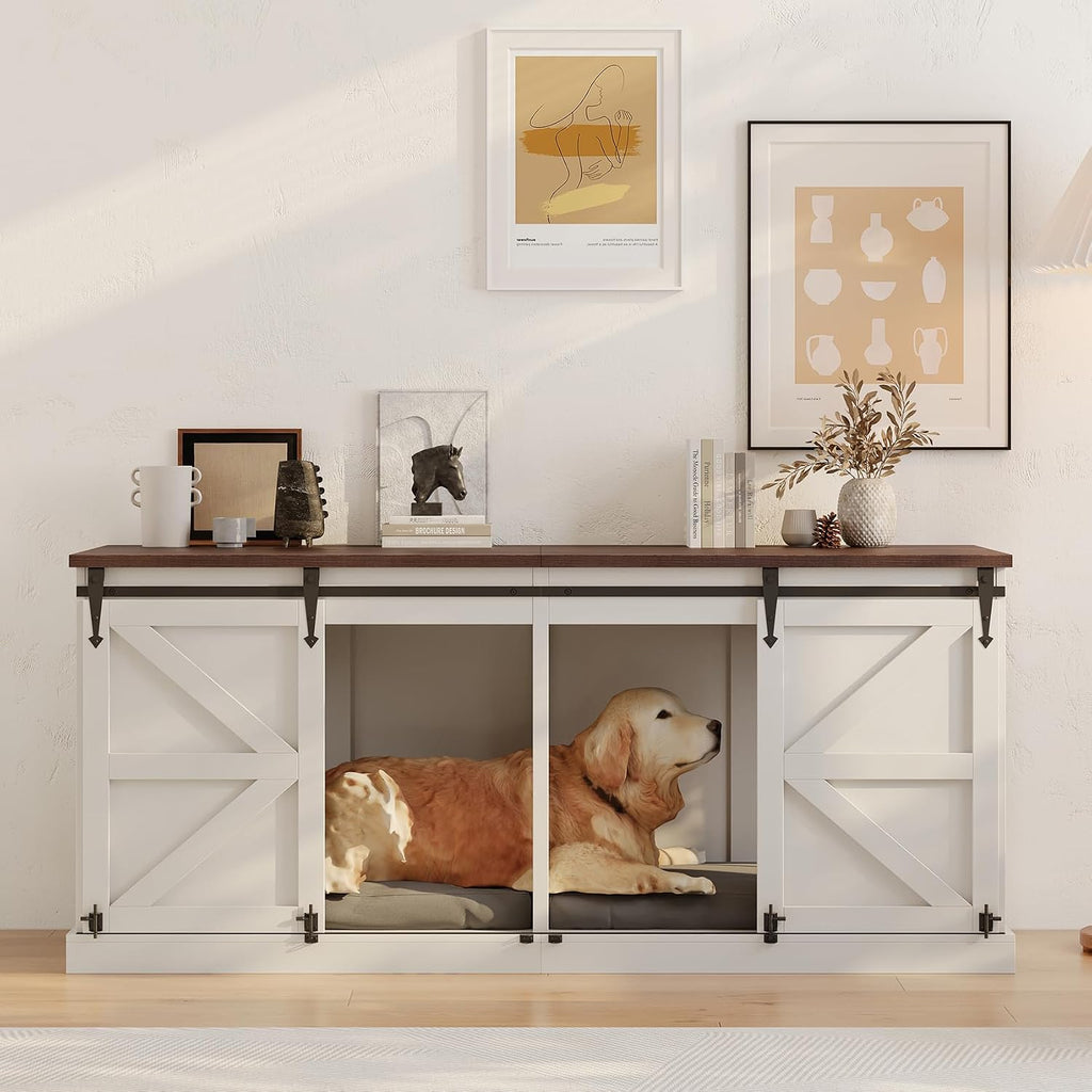 Furniture Style Dog Crate - Indoor Wooden Dog Kennel Furniture with Double Sliding Barn Doors and Room Divider