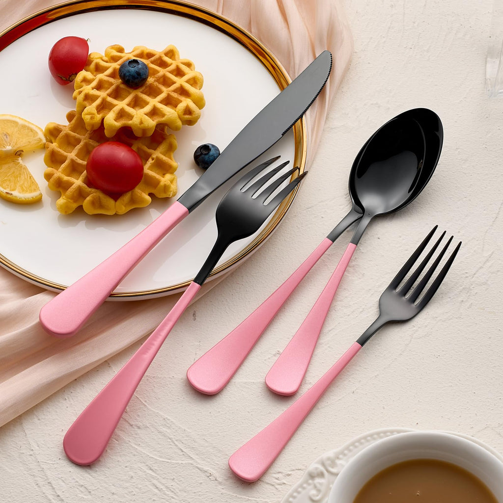 20-Pieces Blac and Pink Silverware Sets for 4,Pink Handle Stainless Steel Cutlery Set, Include Forks Spoons and