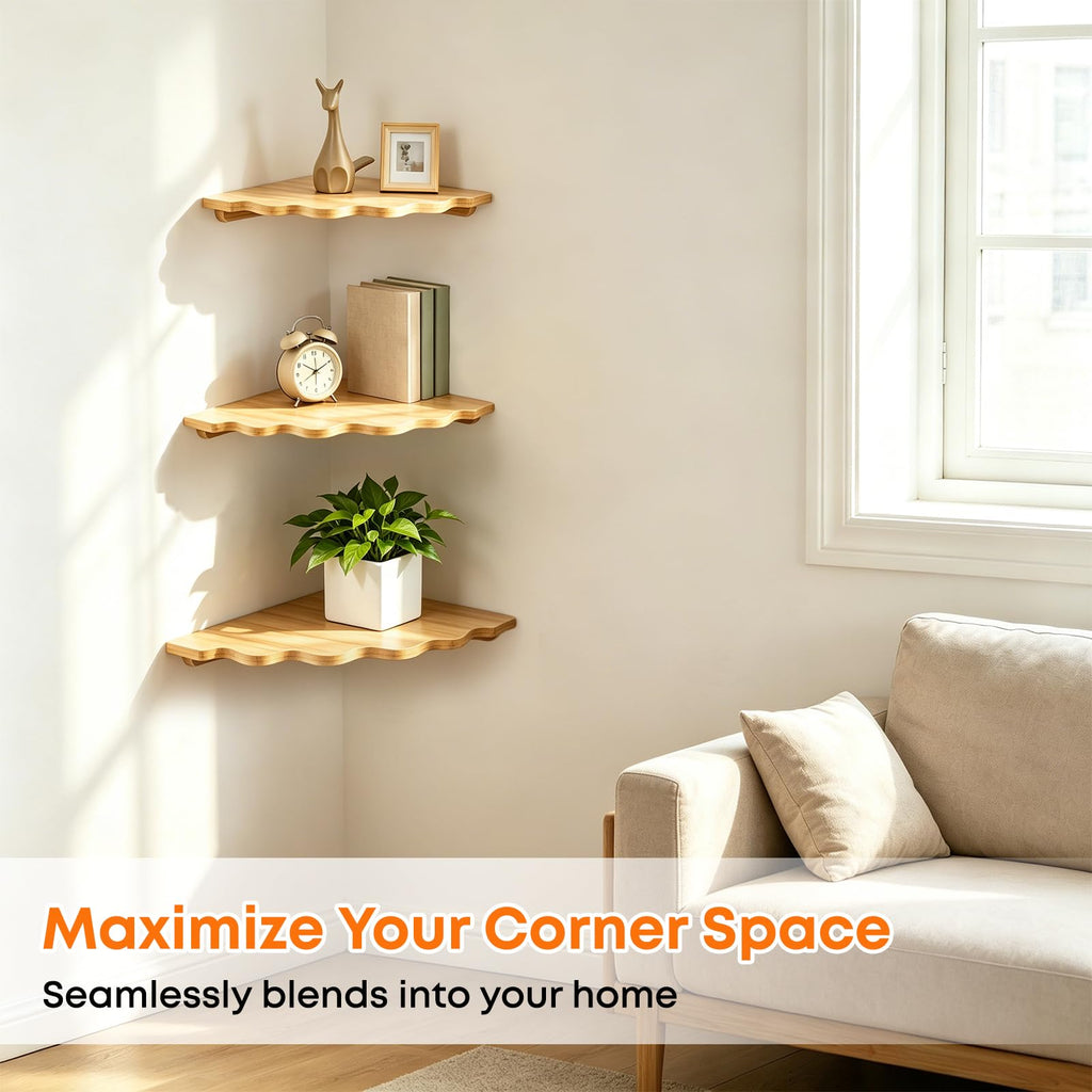 Corner Floating Shelf Wall Mount, Set of 3 Floating Corner Shelves, Bamboo Wood Corner Hanging Shelves with Cord Hole