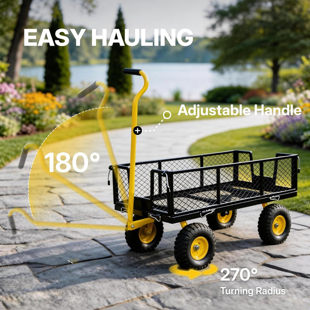 Heavy Duty 800 LBS Steel Garden Cart Wagon, Pullable Wheeled Metal Yard Utility Cart with Yellow Towing Handle