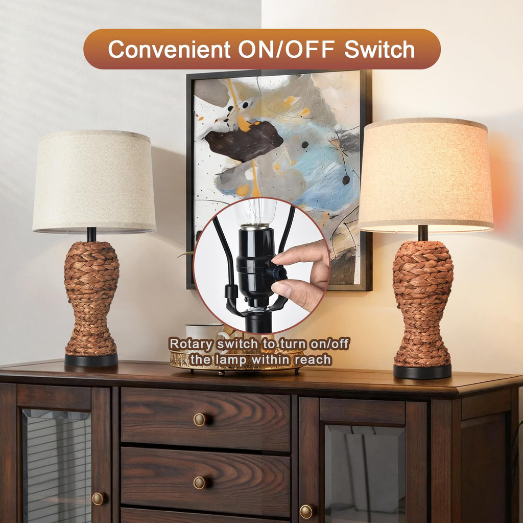 24.4" Boho Woven Seagrass Table Lamp | Rustic Farmhouse, Rattan Bedside Nightstand Lamp, Retro Wicker