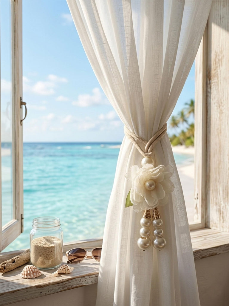 Adjustable Curtain Tiebacks, 4pcs(2pair) Hand-Woven Rope with Silk Flower & Pearl, Decorative Window Cord Holders