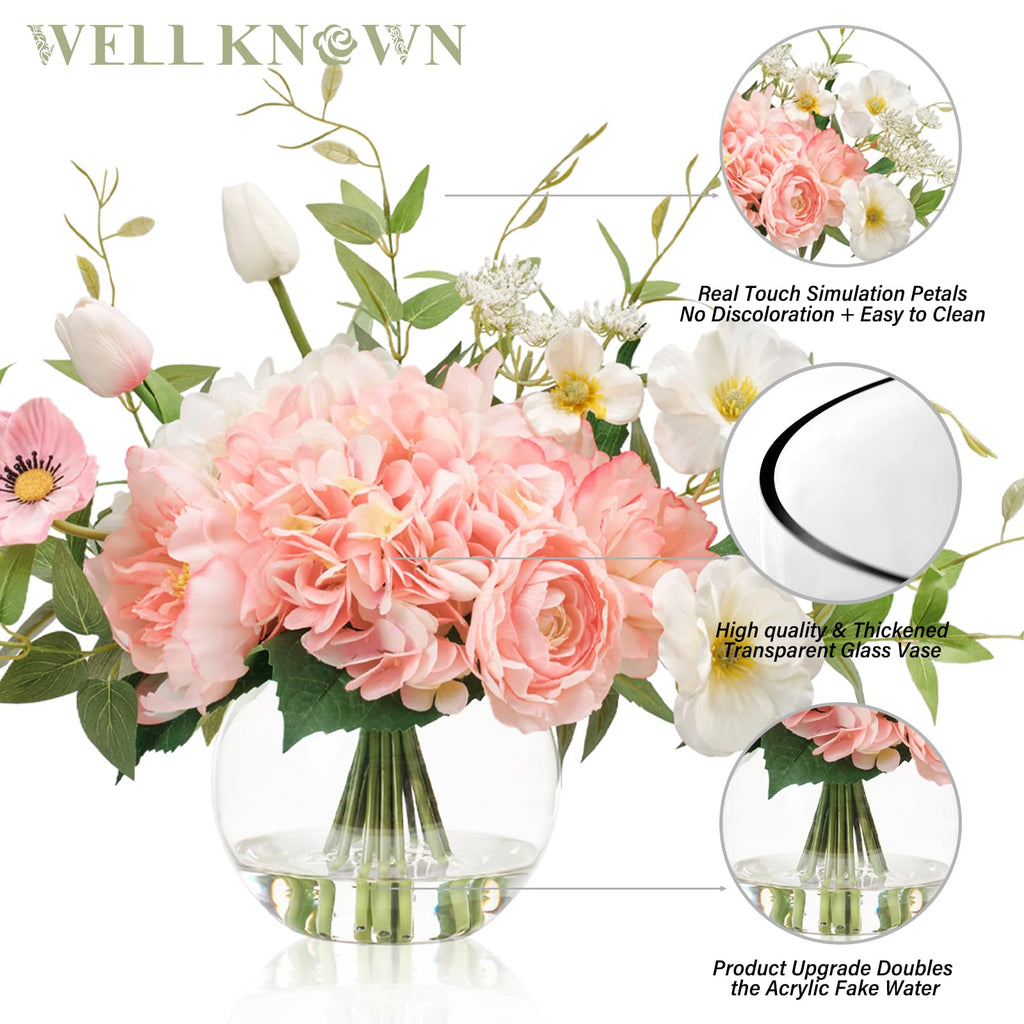 Artificial Flowers in Vase, Fake Silk Peony Tulip Hydrangea Pink & White Flower Bouquet Arrangement with Faux Water