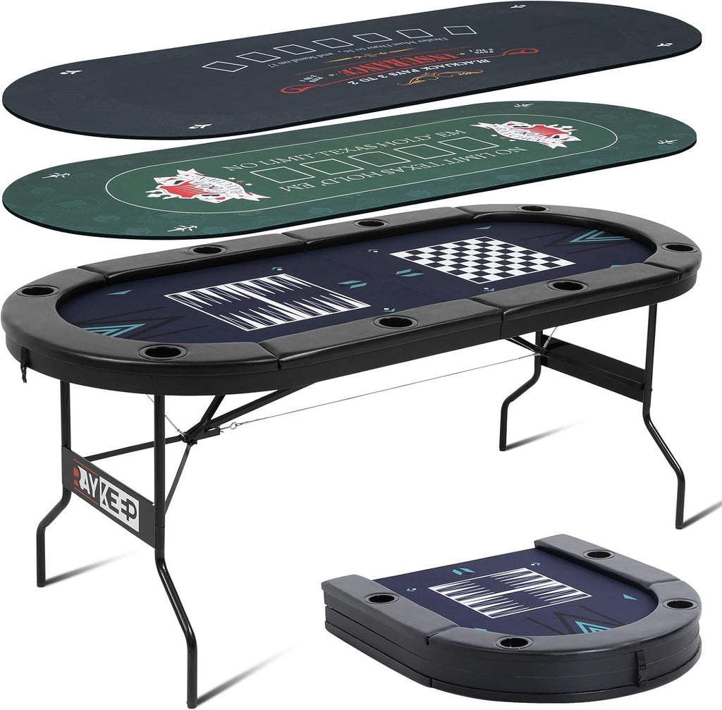 4-in-1 Poker Table Foldable, 8 Player Folding Poker Table w/Interchangeable Texas Holdem/Blackjack Game Mat &