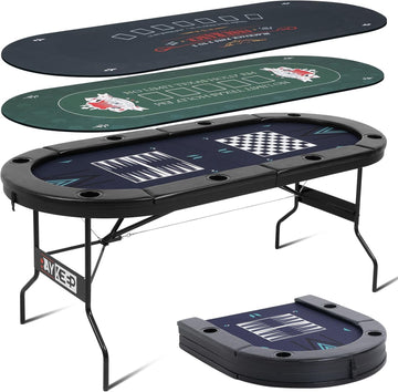 4-in-1 Poker Table Foldable, 8 Player Folding Poker Table w/Interchangeable Texas Holdem/Blackjack Game Mat &
