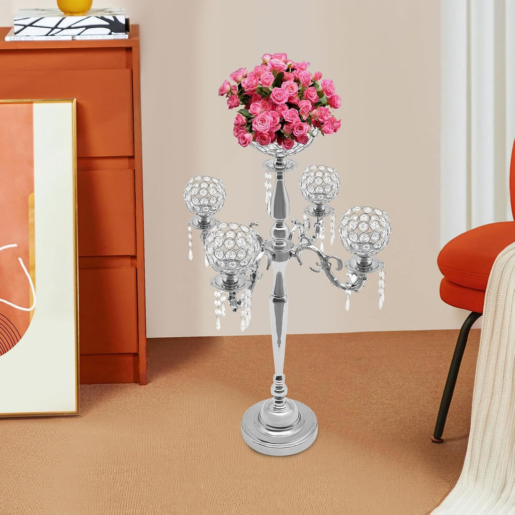 5 Arms Gold Candelabra Centerpiece with Crystal Pendant - 35" Tall Floor Candle Holder Table Candelabra Standon (Silver)