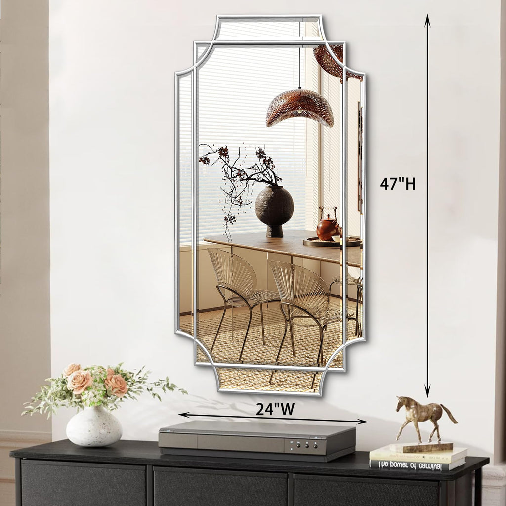 Wall Mirror Full Length, 47" x 24" Silver Wood Framed Full Body Mirror, Scalloped Beveled Polished Decorative