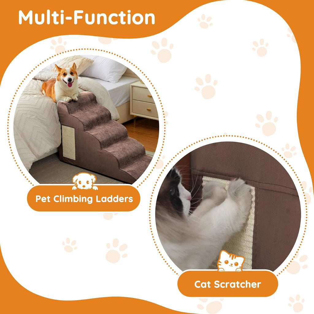 Dog Stairs for Small Dogs 22.6" H, Dog Ramp for Bed, 5-Step, Coffee