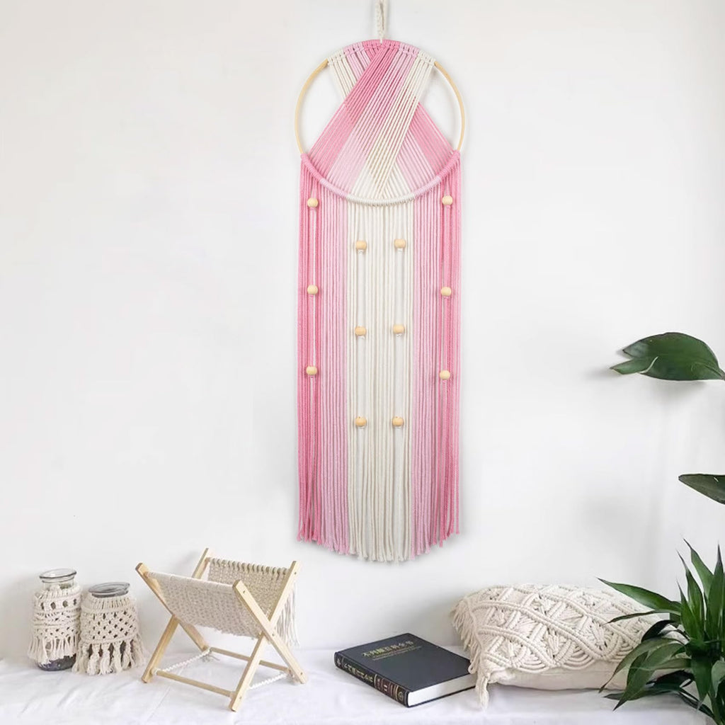 LB Boho Pink Macrame Wall Hanging Woven Cotton Tapestry Pink and White Wall Art with Wood beads Modern Aesthetic