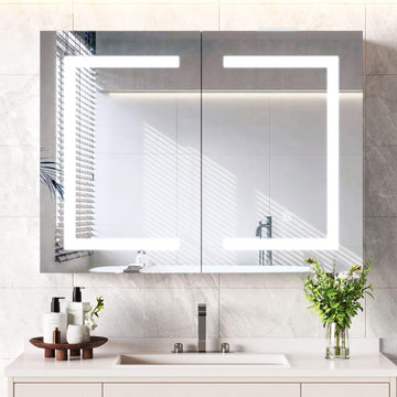 Bathroom Medicine Cabinet with Mirror & LED Lights, Wall Mount Bathroom Mirror with Storage, Built-in Power Outlets