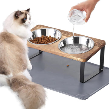 Upgraded Elevated Cat Bowls with Food Mat, 15°Tilted Stand Anti Vomiting Raised Cat Dishes for Food and Water, 2