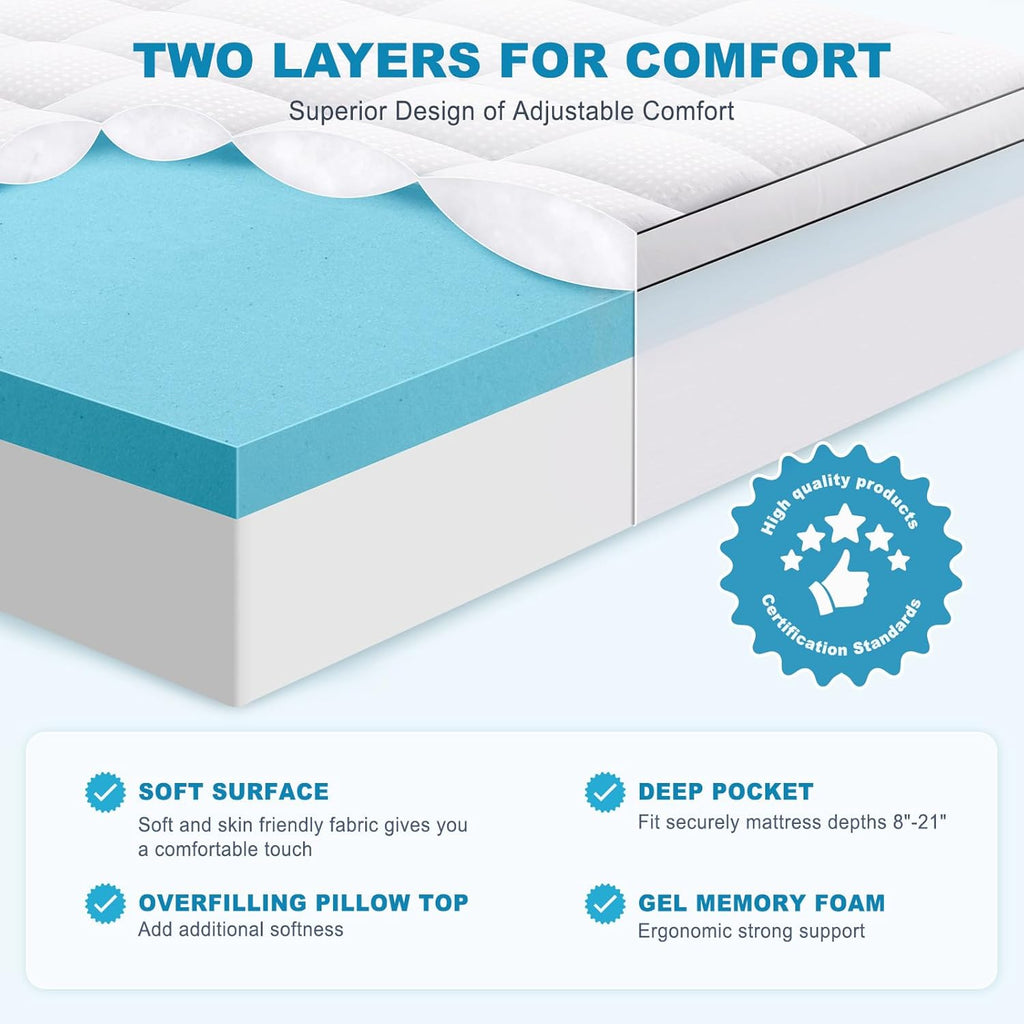 Full Size Dual Layer 4 Inch Memory Foam Mattress Topper, 2 Inch Gel Memory Foam and 2 Inch Cooling Pillow Top