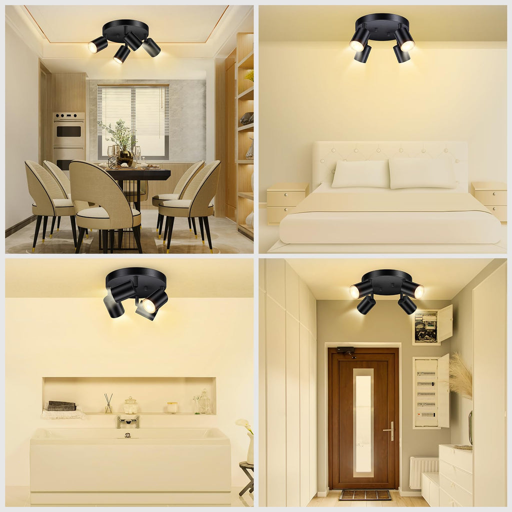 LED 4 Light Track Lighting Kit, LED Track Lighting Fixtures, Black Round Ceiling Spot Lighting, Flexibly Rotatable