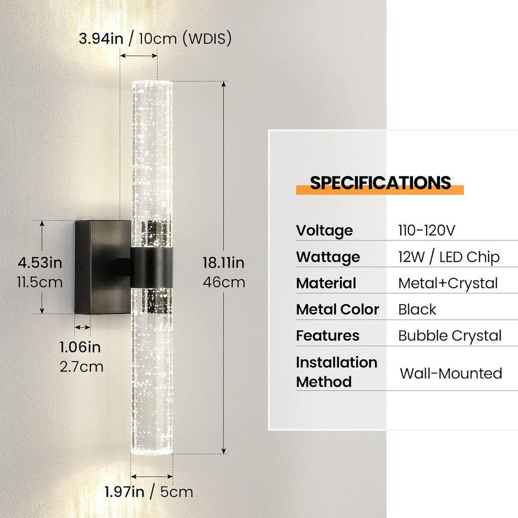 Black Modern LED Wall Sconce - 18 Inch Wall Sconces Set of Two 4000K Dimmable Crystal Sconce Wall Lighting Indoor