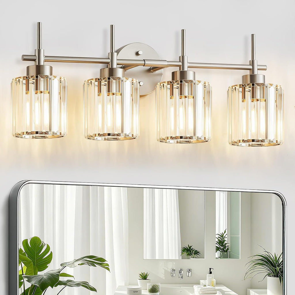 Crystal Bathroom Vanity Lights, 4 Light Bath Mirror Light Brushed Nickel Round Crystal Wall Mount Light Fixture Over