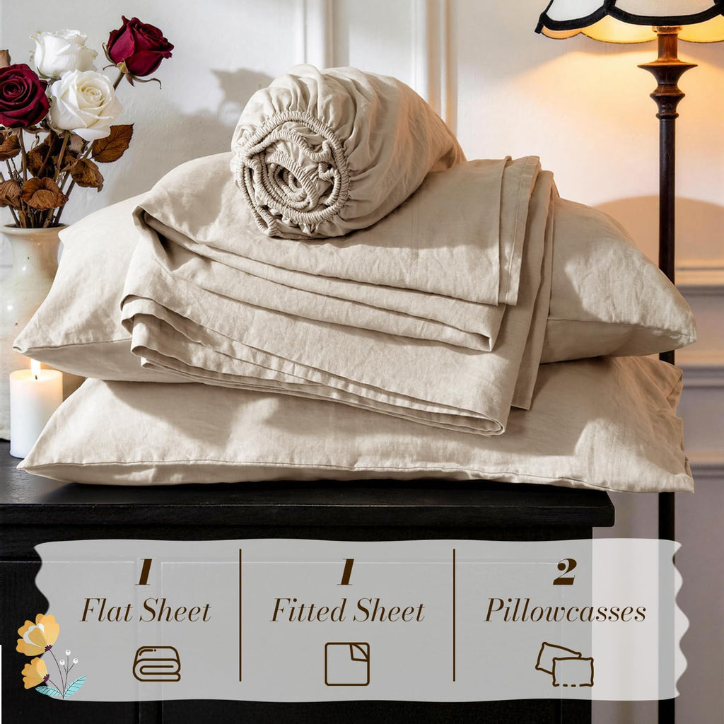 100% French Pure Linen Queen Sheets, Breathable and Durable Linen Bed Sheets, Anti-Tear, Machine Washable, 16 Inch