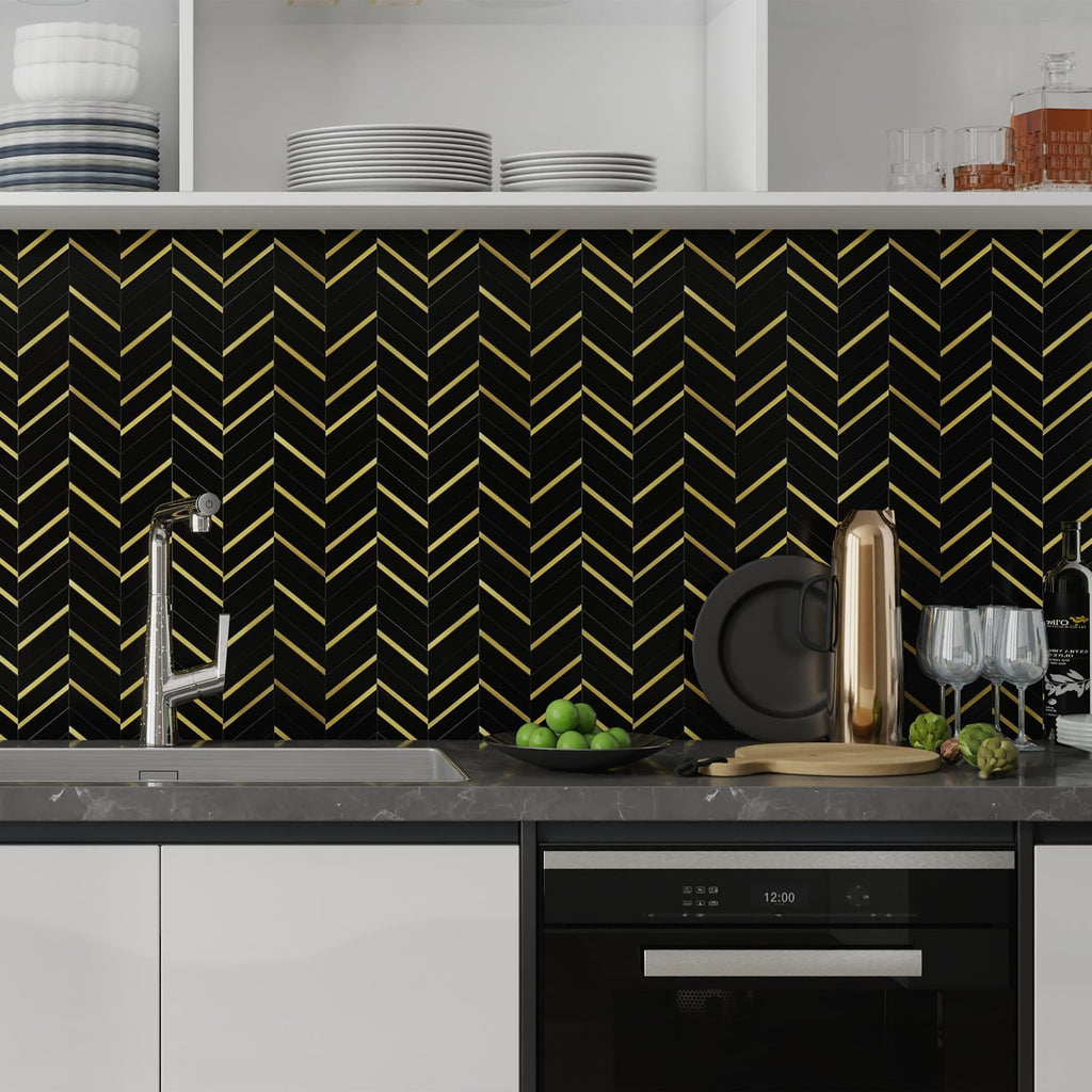 Black Marble Gold Herringbone Tiles (10-Pack, 8 Sq Ft)