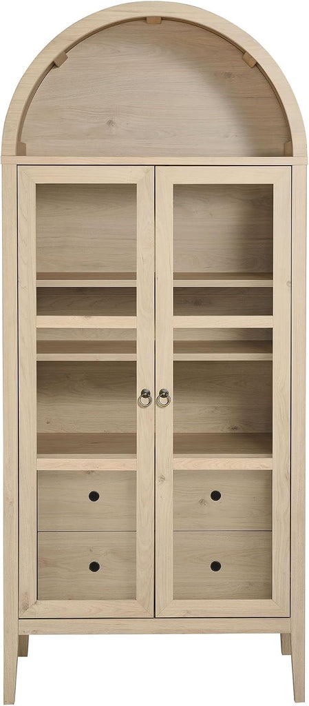 Nolan Modern Farmhouse 71 Inch Tall Arched Storage Display Cabinet in Light Oak Wood Grain - 4-Tier Bookcase with